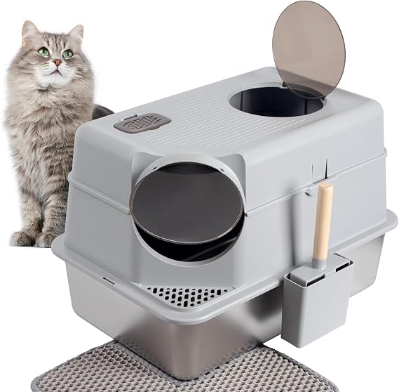 Stainless Steel Cat Litter Box,Metal Litter Boxes/Pan for Cat Easy to Clean,Stainless Steel Litters Box with Lid and Mat Scoop Indoor