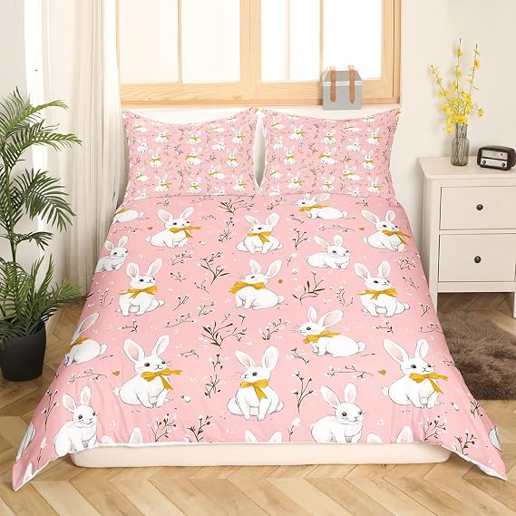 Feelyou Cute Rabbit Comforter Cover Cartoon Bunny Pink Duvet Cover for Kids Boys Girls Lovely Little Floral Rabbit Decor Bedding Set Botanical Animal Bedspread Cover Room Decor 2Pcs Twin Size,Zipper