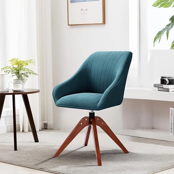 Swivel Accent Chair Modern Linen Upholstered Armchair Office Desk Chair No Wheels Comfortable Wooden Legs Comfy Vanity Chair Stylish Reading Chair for Bedroom Living Room Office Decor,Sky Blue