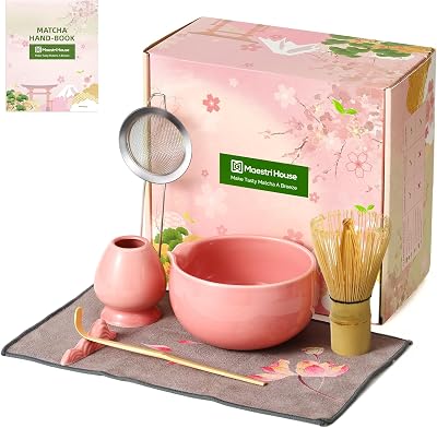 Maestri House Pink Matcha Whisk Set, 7-Pc Complete Matcha Kit with Spouted Ceramic Bowl, Bamboo Whisk and Holder, Scoop, Spoon Rest & Sifter, Tea Cloth – Ideal Gift for Matcha Lovers Pink