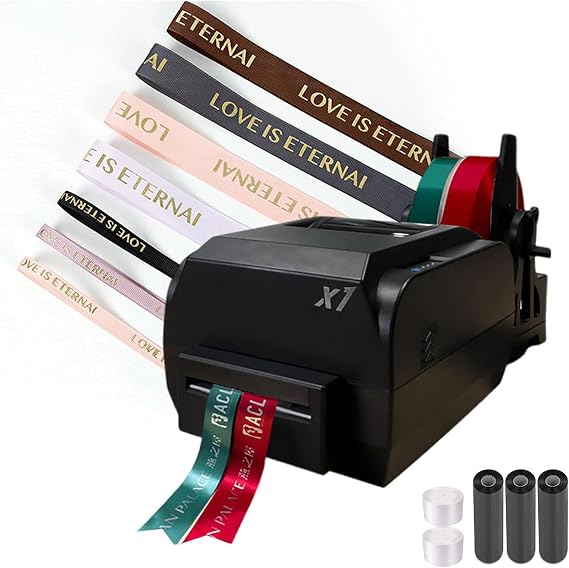 Satin Ribbon Printing Machine with Holder,200 Dpi Digital Ribbon Printer Thermal Label Printer Foil Stamping Printing Machine, 150mm/s,Supports 50+ Languages, DIY Decorative Ribbon,DoubleRow