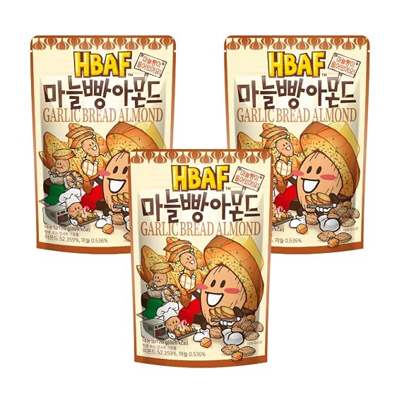 [HBAF] Korean Garlic Bread with Crouton Seasoned Almond Nut | Kids, School, Lunch, Office, Work, Travel, Camping Party Snack | Pre-workout Protein Snack | Korean Food Healthy Snacks | Asin Snack Korean Sovenior (Garlic Bread 3 x 120 gram pack)