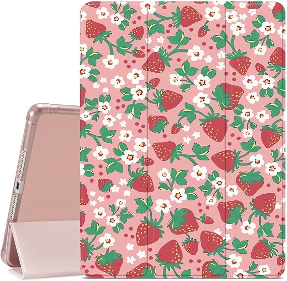 JOYLAND Cute Strawberry Printed Case for iPad Pro 12.9" 6th Generation 2022/5th Generation 2021, Pencil Holder & Clear Transparent Back & Trifold Smart Pad Pink Cover Scratchproof Case