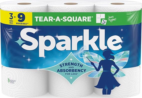 Sparkle Tear-A-Square Paper Towels, 3 Triple Rolls = 9 Regular Rolls, Strong 2-Ply Towels for Kitchen Cleanup and Everyday Messes