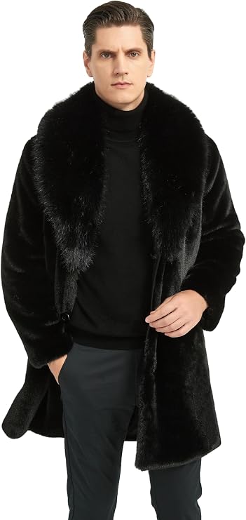 Long Faux Fur Coat Outwear Black Winter Parka Overcoat for Men