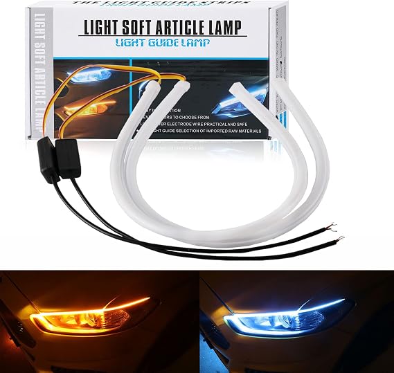 DRL Led Strip Lights for Cars,24 Inch Exterior Switchback Daytime Running Light Amber Yellow/White Sequential Headlight Turn Signal Light Waterproof Flexible Lamps 2 PCS
