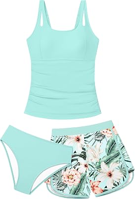 Girls Tankini Swimsuit 3 Piece Bathing Suits for Girl Square Collar Tankinis Set Girls Swimwear with Print Shorts