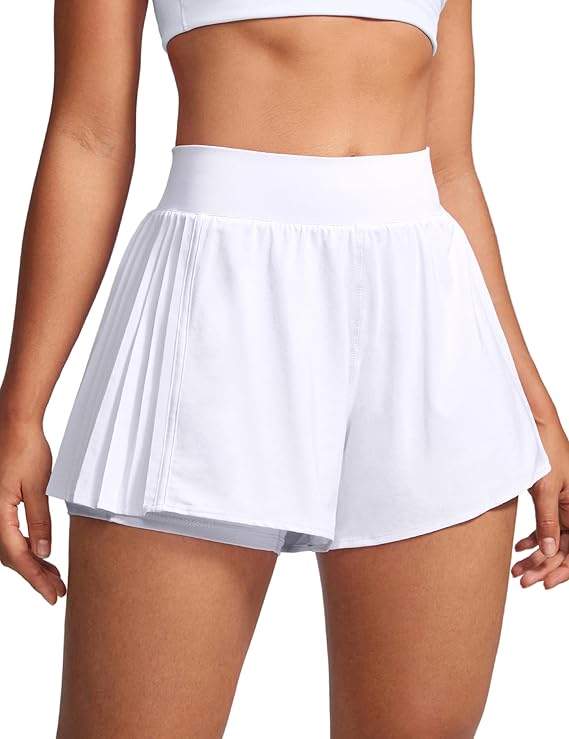 INGIA 2 in 1 Flowy Athletic Shorts Pleated Skort | Flared A-Line, Pockets,4" Built in Shorts, for Tennis, Running