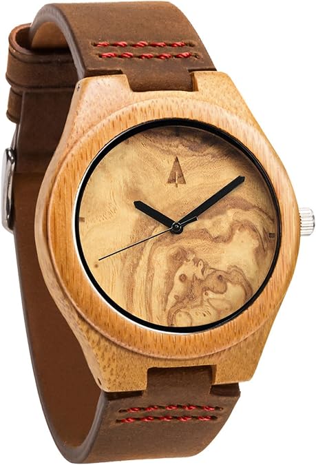 Treehut Mens Wooden Olive Ashe Bamboo Watch with Genuine Brown Leather Strap Quartz Analog with Quality Miyota Movement, 1.7 Inches
