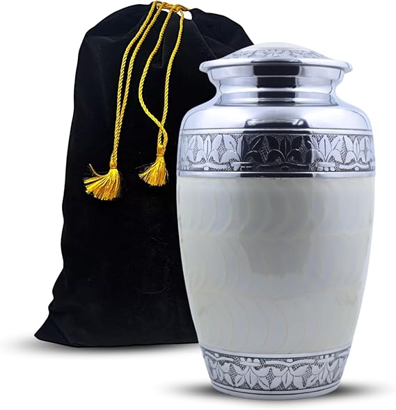 Cremation Urn for Human Ashes Large Memorial Urns Elegant Funeral Urn with Secure Lid Premium Aluminum Burial Urn for Adults with Velvet Bag (Pearl White)