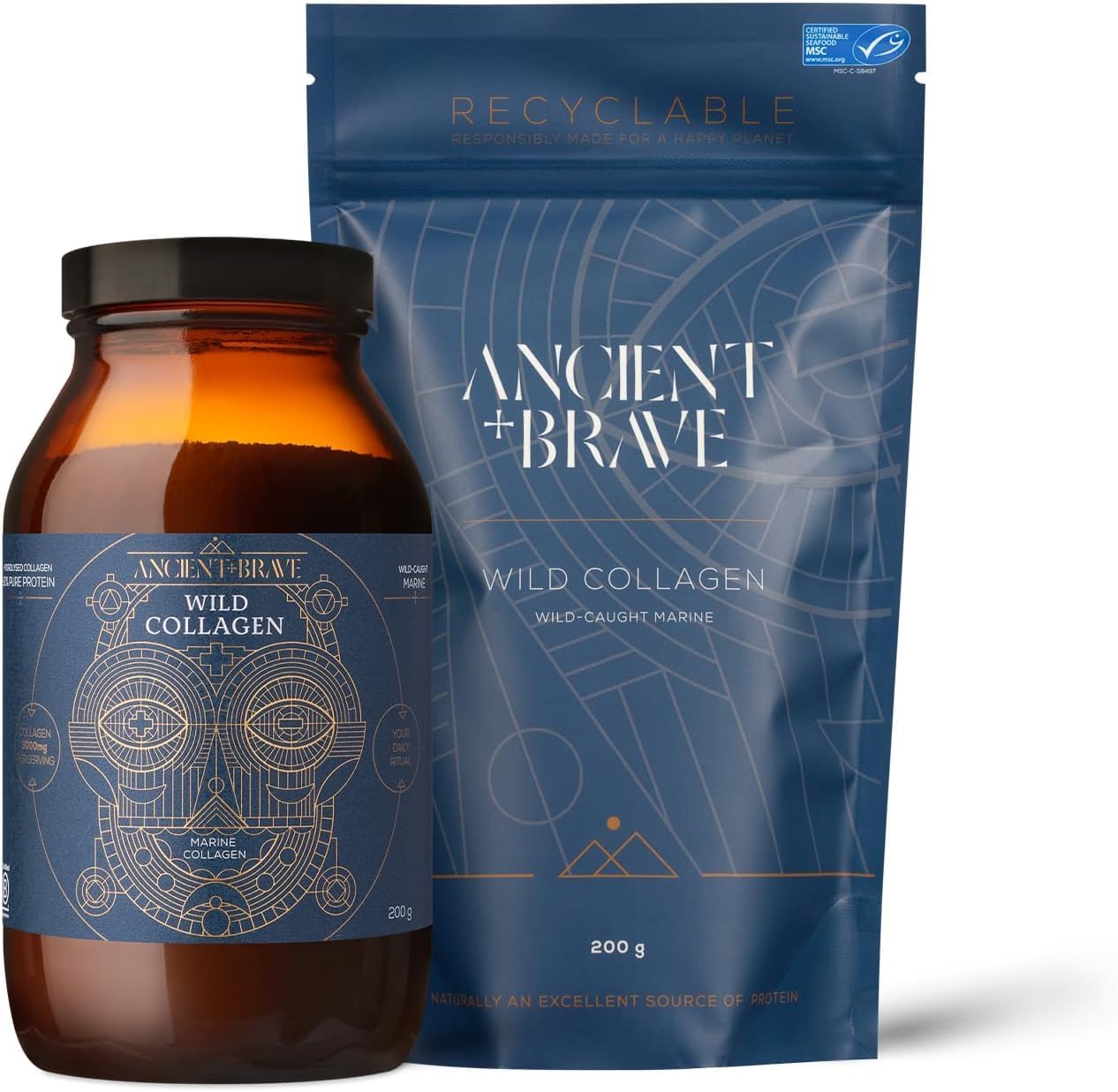 Ancient  Brave Wild Collagen Powder Bundle - Pure Hydrolyzed Marine Collagen Peptides Supplement - Best Collagen Powder for Women Fish - High Protein, Fasting Friendly - Skin, Hair &amp; Nail