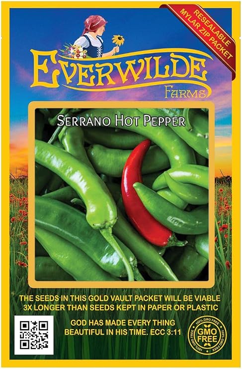 Everwilde Farms - 50 Serrano Hot Pepper Seeds - Gold Vault Seed Packet