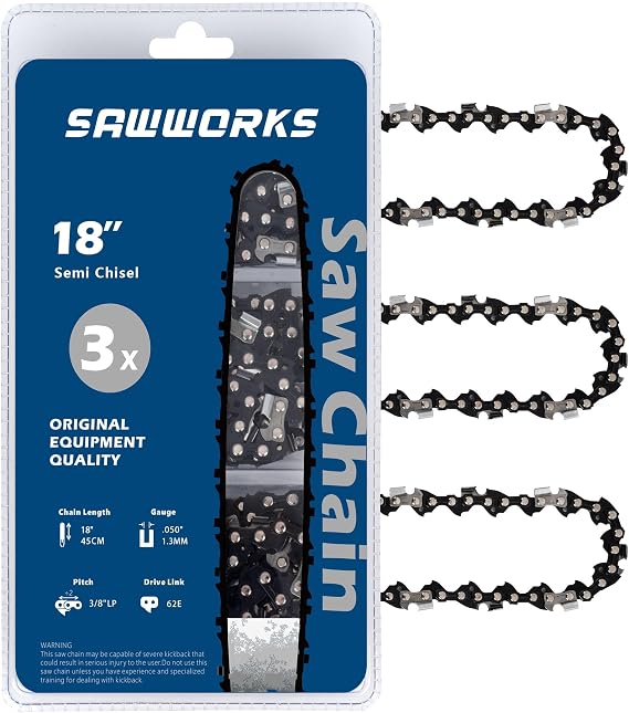 3-Pack 18 Inch Chainsaw Chain, 3/8" LP Pitch .050" Gauge 62 Drive Links Fits EGO CS1800, CS1804, Poulan Pro PR4218, 581562301, Oregon S62, CS1500, DEWALT and More
