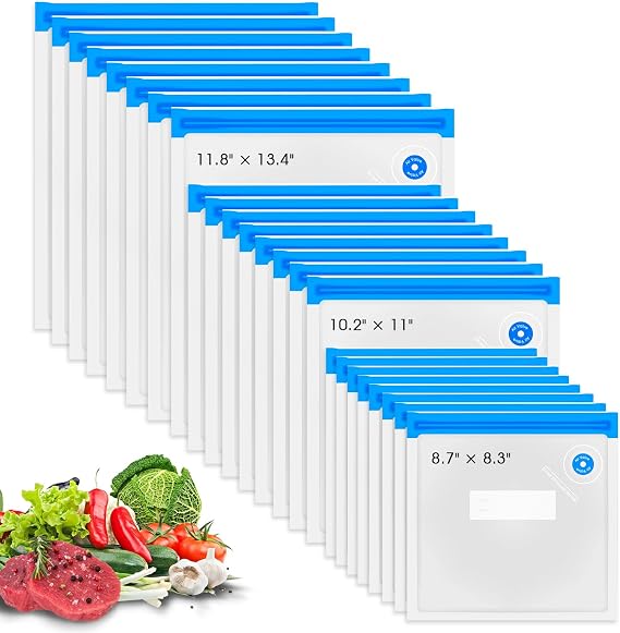 VOYOR Reusable Vacuum Sealer Bags for Food Storage 3 Sizes & Quantities, Compatible with Handheld Vacuum Sealers (Machine Not Included) (Blue)