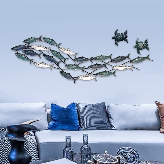 LHZZWTF Coastal Metal Fish Wall Decor,Modern Marine Metal Wall Art Sculpture Decor is perfect for a coastal/nautical/beach or ocean themed holiday home/bedroom/living room. ( Send two metal turtles)