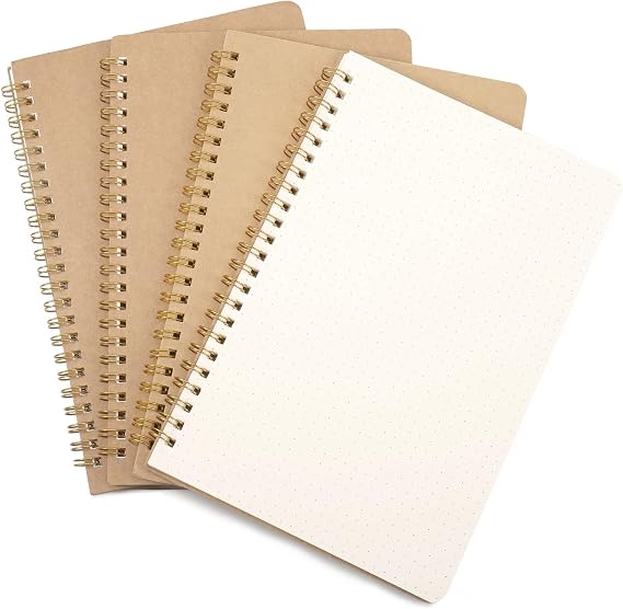 JIANTA 4 Pack A5 Dotted Spiral Notebooks, Kraft Cover Journals | 100 Pages/50 Sheets Dot Grid Wirebound Notebooks for Bullet Journal, Sketching, Diary and Creative Planning