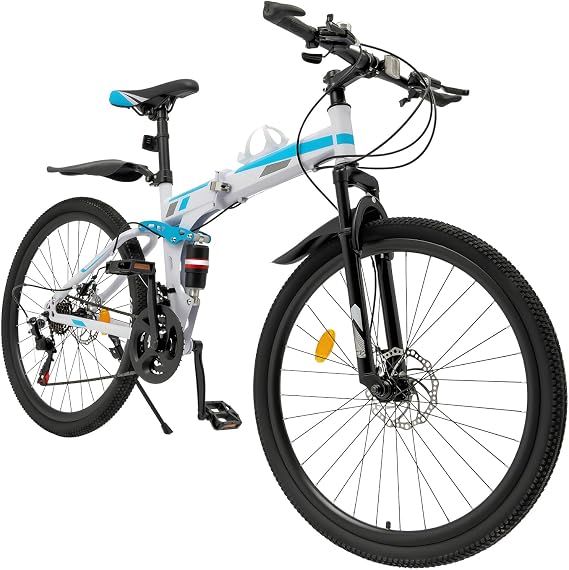 Foldable Mountain Bike 26 Inch Wheel, 21 Speed Outdoor Cycling Bike, High-Carbon Steel/Adjustable seat/Dual Disc Brake, Mountain Bikes for Men and Women (Blue, White)