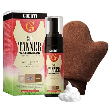 Foaming Sunless Tanner, Self Taning Mousse, Instant Tan, Streak-Free,Quick-Dry Formula for a Natural, Vegan Watermelon Scented Tanning Mousse for Flawless Medium Fake Tan with Tanning Glove