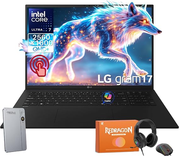 LG Gram 17 Touchscreen Laptop Business PC, Intel Ultra 7 258V, 17 QHD+ 320 Nits, 32 GB LPDDR5X 8533MT/s, 2 TB SSD, Wi-Fi 7, Windows 11 Pro, W/REDRAGON Headphones & Mouse, RECOLX AI Voice Recorder