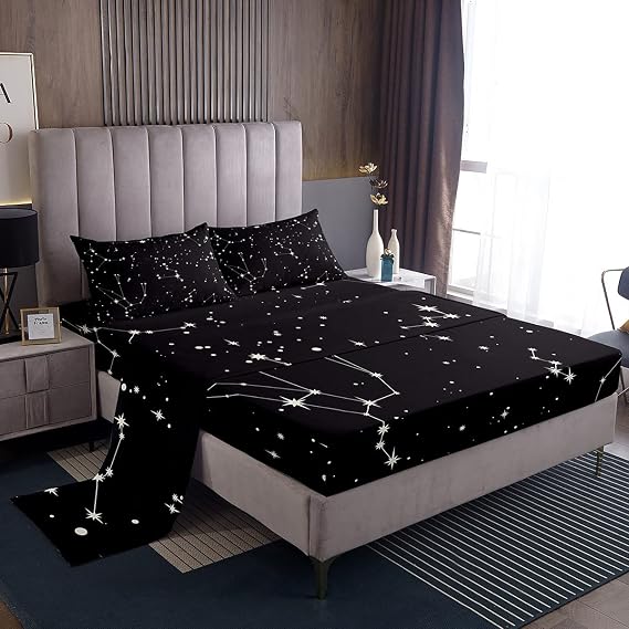 Galaxy Sheets Set Double Size For Kids Girls Boys Outer Space Starry Sky Bedding Set Teens Constellation Twinkle Stars Bed Sheet Set Microfiber Super Soft Breathable Black White Milky Way Bed Cover