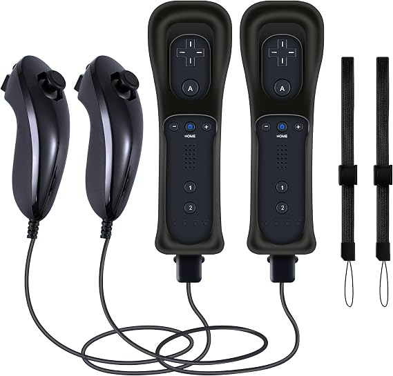 2 Sets Remote Fit for Wii/Wii U with MotionPlus (Black &amp; Black) | 2 Remotes + 2 Nunchuks + 2 Cases + 2 Straps, Compatible with Nintendo Console