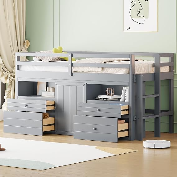 CITYLIGHT Twin Low Loft Bed for Kids, Wooden Twin Storage Bed with 4 Drawers,Underneath Cabinet and Shelves, Low Twin Loft Bed Frame for Kids, Junior, Space Saving, Gray