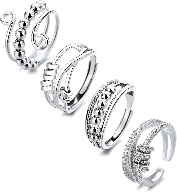 BOMAIL 4PCS Fidget Spinner Rings for Women | Open Spinning, Spinner,Knuckle Stackable, Adjustable, Stainless Steel,Finger Rings Pack