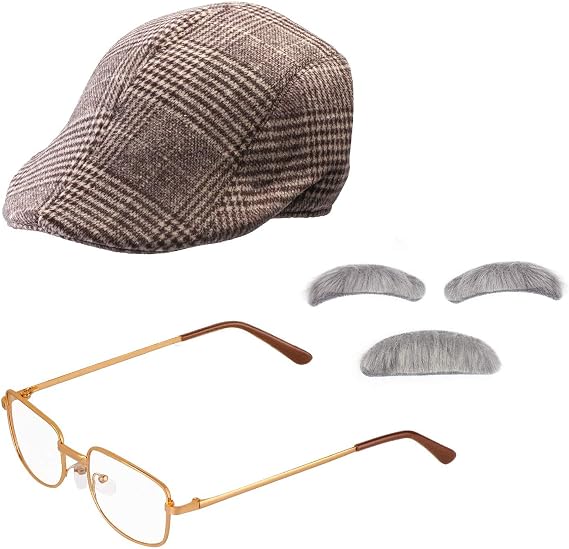 Beelittle Old Man Costume Grandpa Accessories Men Beret Hat Glasses Moustache Eyebrows Set