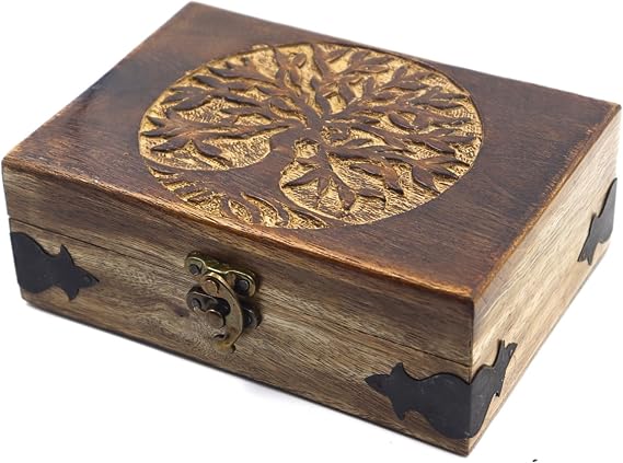 Handmade Wooden Jewelry Box with Tree of Life Engraving Antique Handcarved Keepsake Organizer for Women & Men | Solid Wood Storage Box for Jewelry, Trinkets, Gifts & Home Decor