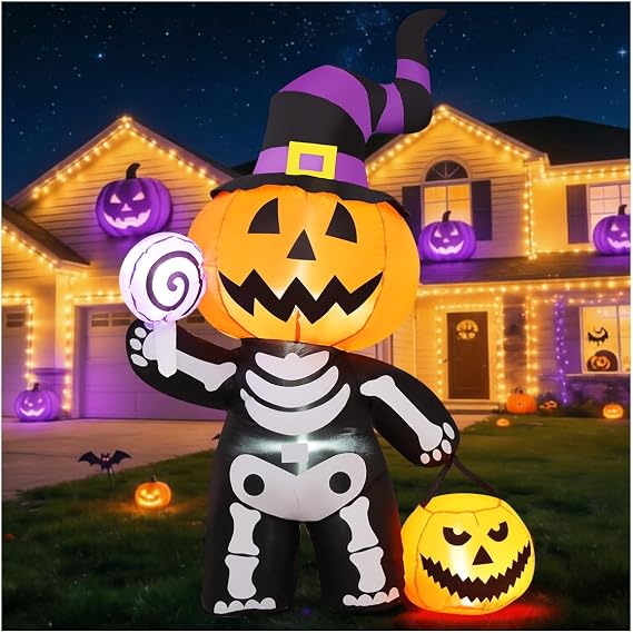 GOOSH 6 FT Halloween Inflatable Pumpkin Skull Body Outdoor Decorations Blow Up Yard Pumpkin with Built-in LEDs for Garden Lawn Party Decor