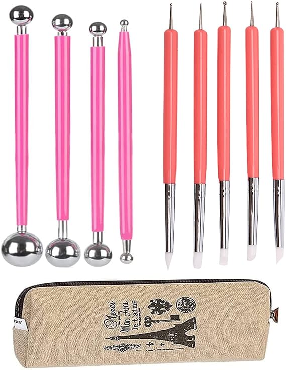 4PCS Double-Ended Metal Ceramic Clay Ball Stylus Dotting Tools and 5PCS 2 Way Silicone Polymer and Embossing Paper Flower Indentation Tool for Drawing | 4PCS Double-Ended Metal Embossing Dotting Tool,5PCS 2 Way Silicone Clay Sculpting Tool