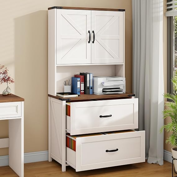 Halitaa Farmhouse 2 Drawer Lateral File Cabinet, Rustic White Wood Cabinet | Hanging File Storage for Legal/Letter/A4 Size, Adjustable Shelves, Printer Stand with Bookshelf, Wood Cabinet for Home Office