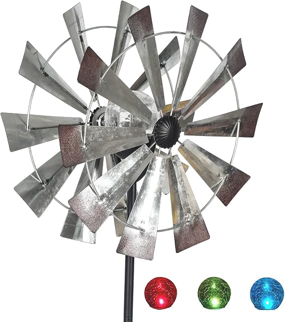 Solar Metal Wind Spinner Outdoor 360 Degrees Rotate Multi-Color LED Lighting Crackle Glass Ball with Kinetic Stake Sculpture for Patio, Yard, Lawn