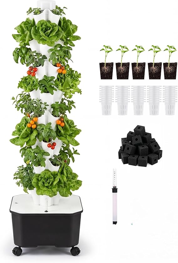 BAOSHISHAN Hydroponic Tower Hydroponics Growing System 40 Pods 8 Layers | with Water Pump and 25L Water Tank,Move Freely,Compact, Space-Saving,for Vegetable Herb Fruit