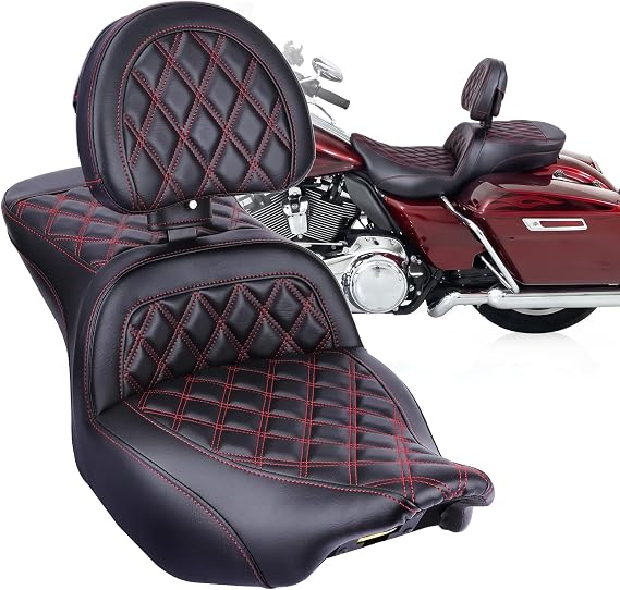 2-UP Gel Seat for Harley Touring 2009-2023 (Red Rhombus+ Backrest) | Low-Profile Rider Passenger Gel Seat&Adjustable Driver Backrest for Road Glide/Street Glide/Road King/Electra Glide 2009-2023