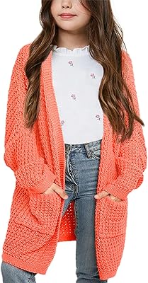 SySea Girls Batwing Long Sleeve Cardigan Open Front Chunky Knit Sweaters Coats with Pockets Orange