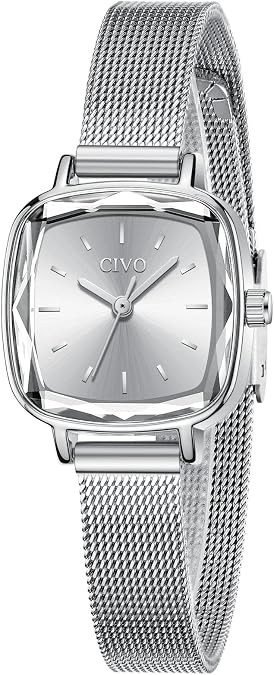 CIVO Silver Womens Watches for Small Wrists, Waterproof Analog Quartz Square Watch Classic Stainless Steel Ultra-Thin Minimalist Mesh Strap Fashion Elegant Designer Ladies Wrist Watch for Women