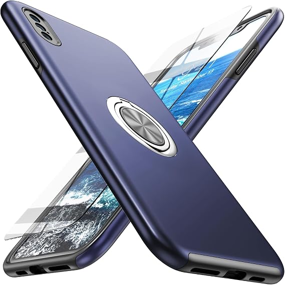 Compatible for iPhone Xs Max Case with Tempered Glass Screen Protector,Hybrid 2 in 1 Protective Slim Fit Phone Case with Invisible Magnetic Ring Kickstand for iPhone Xs Max 6.5 Inch,Blue