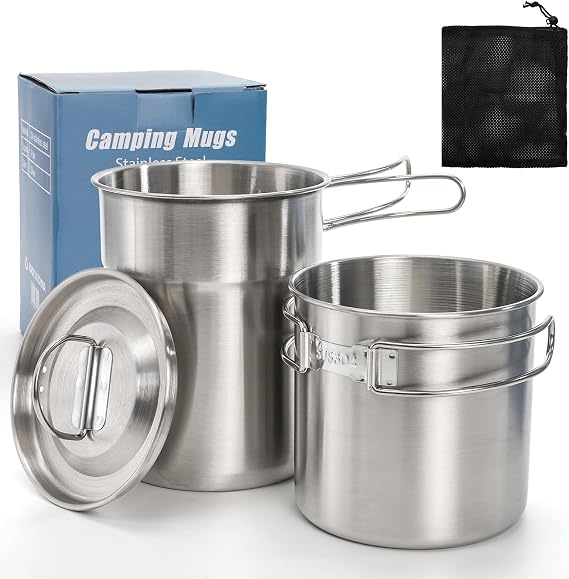 2 Pieces Stainless Steel Camping Cups, Stackable Camp Mug | Metal Backpacking Cookware Bush Pot with Storage Bag, Foldable Handle, Vented Lid for Coffee, Tea, Hiking