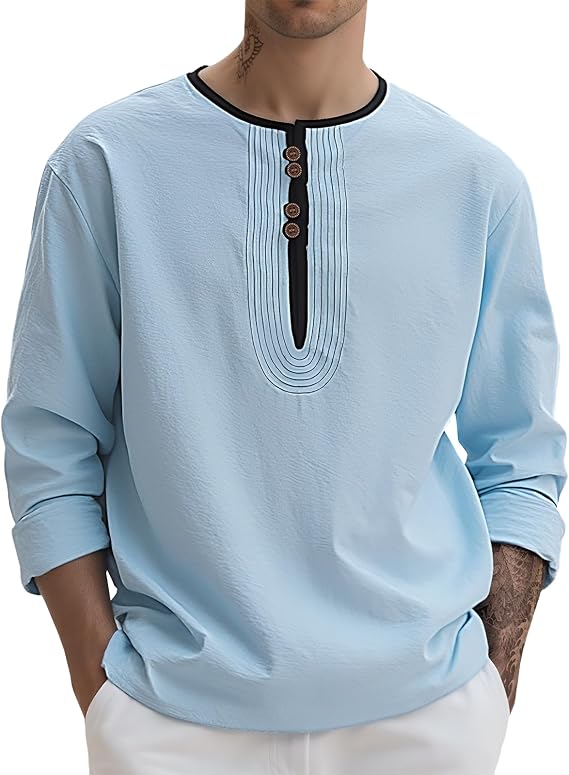 Linen Shirts for Men Classic Solid Color Henley Long Sleeve Button Tops Lightweight Soft Spring Pullover Tees