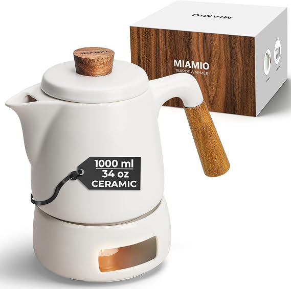 MIAMIO - Teapot Set with Warmer / 34 oz Tea Kettle with Infuser for Steeping Loose Tea Leaves - Gift for Women/Tea Lovers (White)
