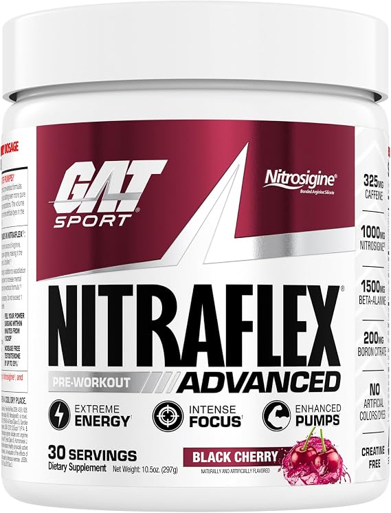 GAT SPORT NITRAFLEX Advanced, Black Cherry, 10.5 oz (30 Servings) | Pre-Workout Powder, Energy Drink Mix, Supports Healthy Blood Flow, Boosts Strength & Energy, Creatine-Free