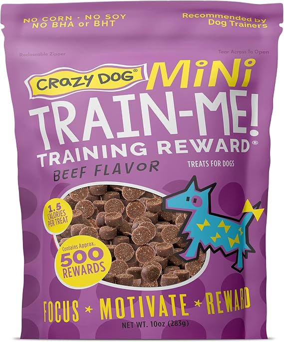 Crazy Dog Mini Train-Me! Training Treats 10 oz. Bag, Beef Flavor, with 500 Treats per Bag, Recommended by Dog Trainers | Beef flavor, recommended by dog trainers, 500 treats per bag, 10 oz. bag
