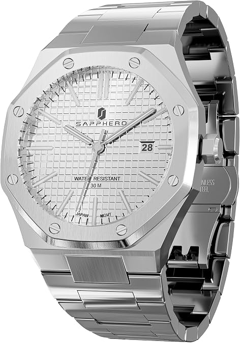 SAPPHERO Watches Men Octagonal Stainless Steel Waterproof Analog Japanese Quartz Wrist Watch Date Fashion Classic Business Luxury Watches for Men Elegant Gifts