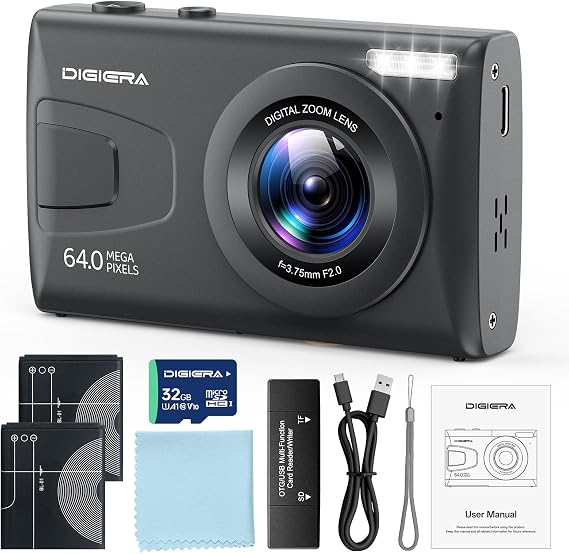 DIGIERA 4K Digital Camera, 64MP UHD Compact Portable Photo Camera for Boys and Girls, 18X Zoom 2.4 Inch IPS LCD Screen Vlogging Camera for Teens Students Beginners with 32GB SD Card, Anti-Shake,Black