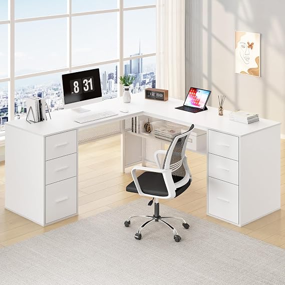 HSH 150cm L Shaped Desk Corner Computer Desk with Drawers Storage White