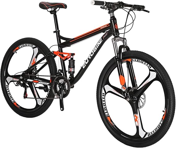 EUROBIKE Mens Mountain Bike, 27.5 inch Mountain Bikes for Adult, Full Suspension Bikes, 21 Speed, Shock Absorber, Disc Brakes, Commuter Bicycle, Orange