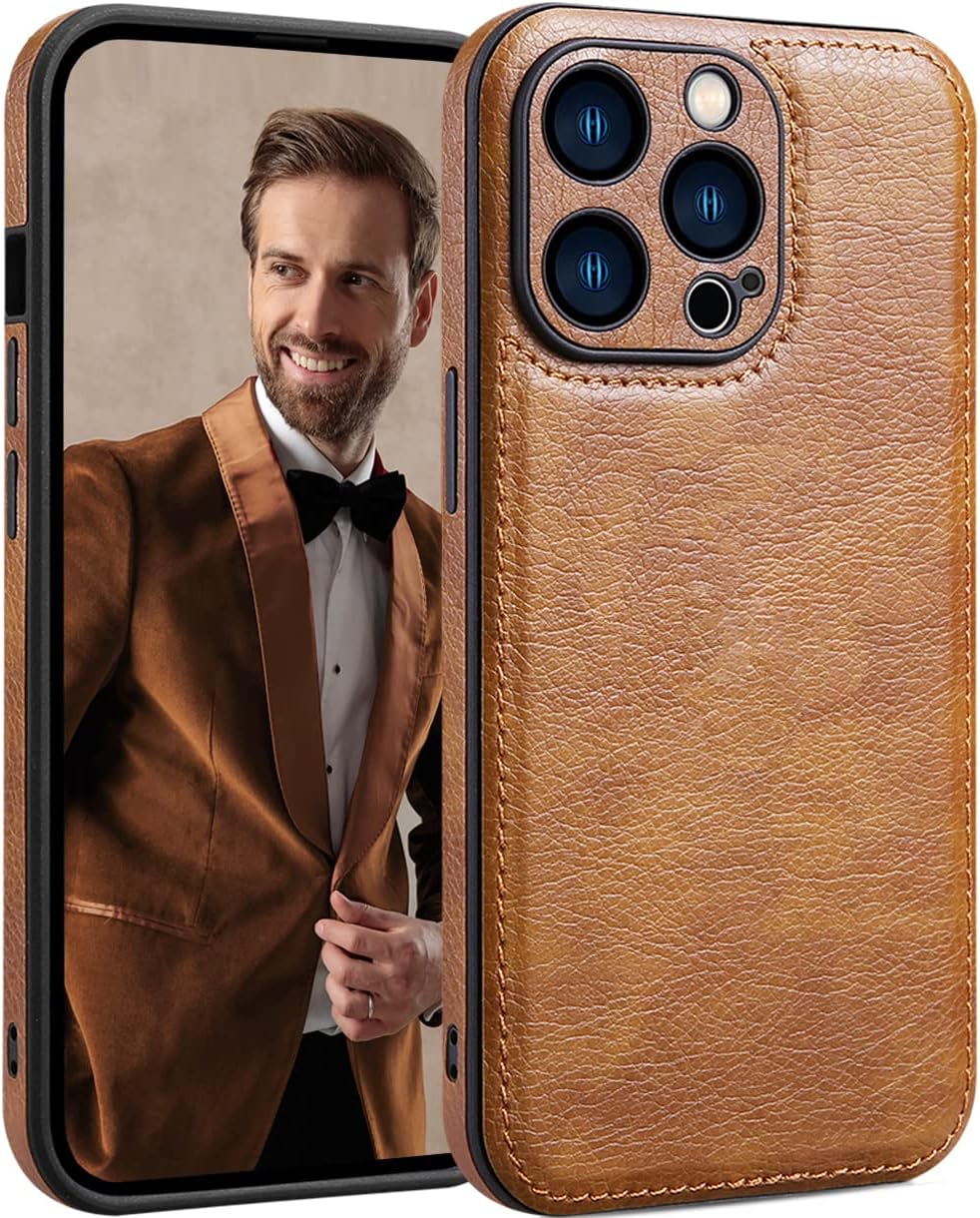 for iPhone 13 Pro Max Case Leather,Vintage Classic PU Leather Luxury Business Camera Frame Protection Cover,Soft Non-Slip Grip Anti-Scratch Shockproof Case for iPhone 13 Pro Max Brown
