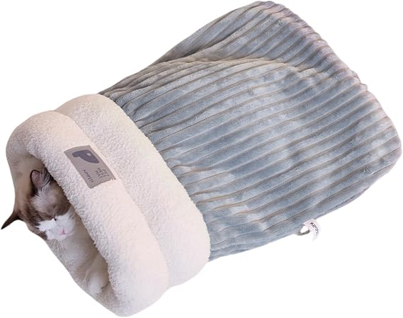 Cat Sleeping Bag Cat Cave Bed with Cat Hide and Nap Warming and Soft Cat Bed for Indoor Cats Winter (Gray Stripe, L)