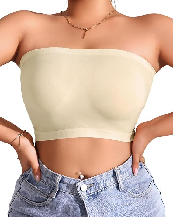 Strapless Bandeau Bra, Wireless Non-Slip with Clear Straps, Side Buckle Closure, Removable Pads